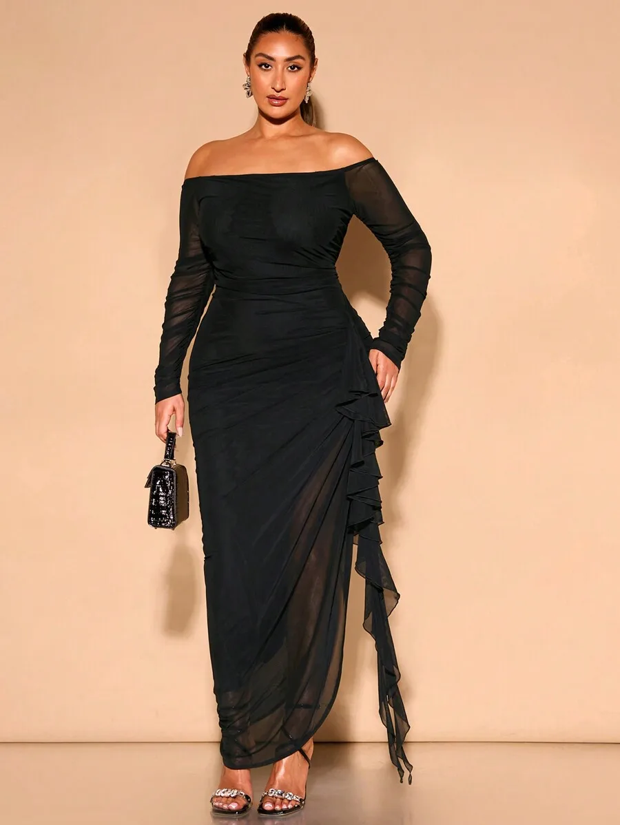Black Off-Shoulder Long Sleeve Maxi Dress with Ruffled Asymmetrical Hem
Black Off-Shoulder Long Sleeve Maxi Dress with Ruffled Asymmetrical Hem