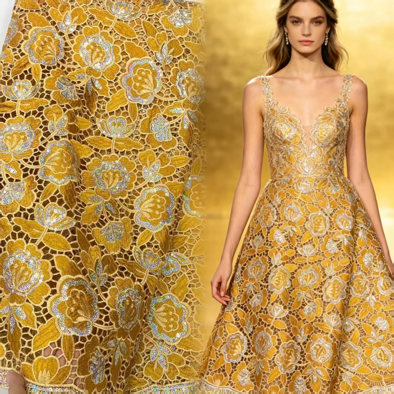 High Quality Golden Cord Guipure Lace, Sparkle Sequined Floral Lace Material For Women Formal Dress Bridal Gown
High Quality Golden Cord Guipure Lace, Sparkle Sequined Floral Lace Material For Women Formal Dress Bridal Gown