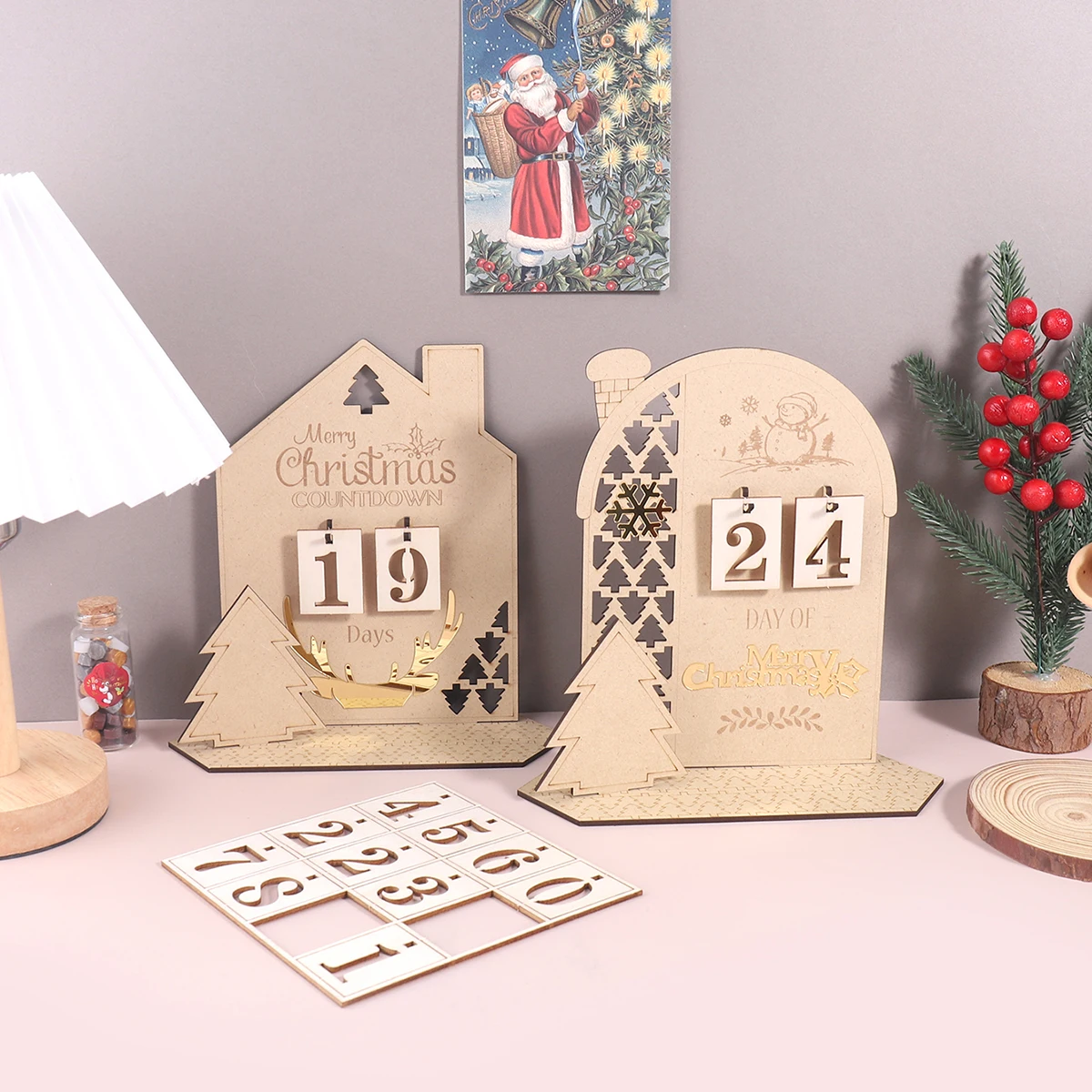 A Christmas rooftop-shaped countdown calendar, used for desktop holiday decoration wooden ornament, popular.
A Christmas rooftop-shaped countdown calendar, used for desktop holiday decoration wooden ornament, popular.