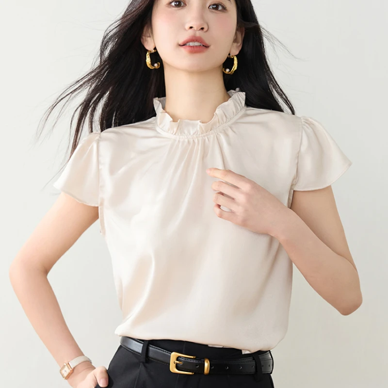 2025 Summer New Short Sleeved Women's Shirt with Mushroom Edge Stand Up Collar Female Luxury Satin Fashion Commuter Laides Tops
2025 Summer New Short Sleeved Women's Shirt with Mushroom Edge Stand Up Collar Female Luxury Satin Fashion Commuter Laides Tops