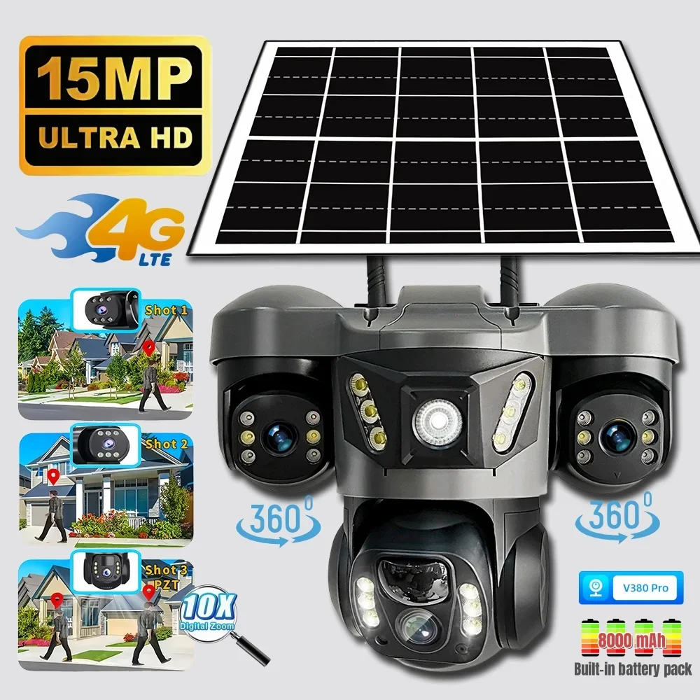 15MP Triple Lens PTZ 10X Zoom Solar Camera Outdoor Triple Screen 4G SIM Secure 360° Auto Tracking Smart Home Wireless CCTV Cam
15MP Triple Lens PTZ 10X Zoom Solar Camera Outdoor Triple Screen 4G SIM Secure 360° Auto Tracking Smart Home Wireless CCTV Cam