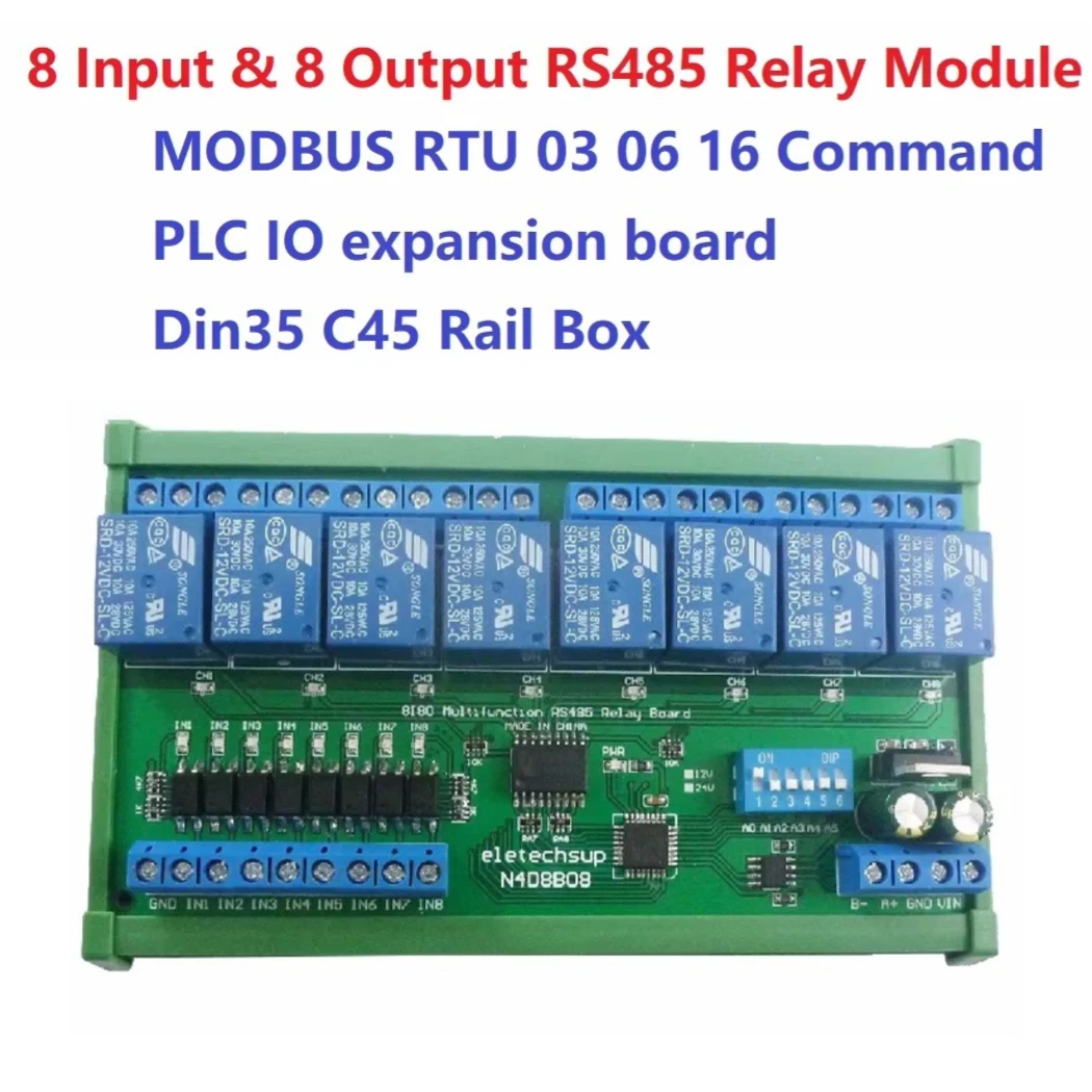 DIN35 C45 Rail Box UART RS485 Relay Module Modbus RTU Control Switch Board DC 12V 24V 8 Isolated Input & 8 Output
DIN35 C45 Rail Box UART RS485 Relay Module Modbus RTU Control Switch Board DC 12V 24V 8 Isolated Input & 8 Output
