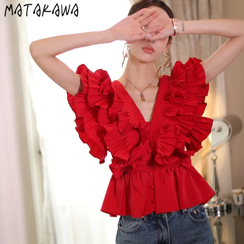 Matakawa Ruffles V Neck Women Shirts&blouses Vintage Spring Summer Korean Fashion Blusas Mujer Elegant Folds Short Camisas
Matakawa Ruffles V Neck Women Shirts&blouses Vintage Spring Summer Korean Fashion Blusas Mujer Elegant Folds Short Camisas