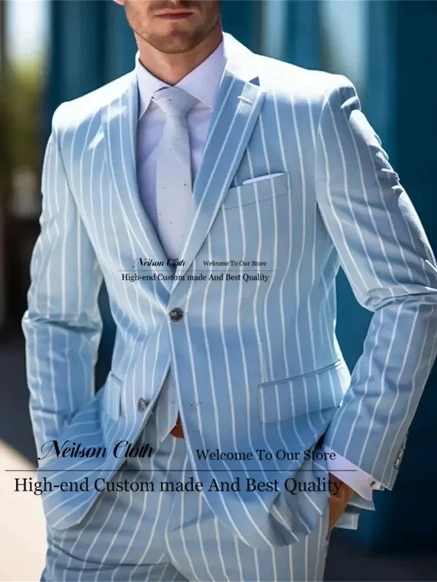 Fashion Sky Blue Male Prom Blazers 2 Pieces Sets Notched Lapel Stripe Groom Wedding Tuxedos Slim Fit Business Costume Homme
Fashion Sky Blue Male Prom Blazers 2 Pieces Sets Notched Lapel Stripe Groom Wedding Tuxedos Slim Fit Business Costume Homme