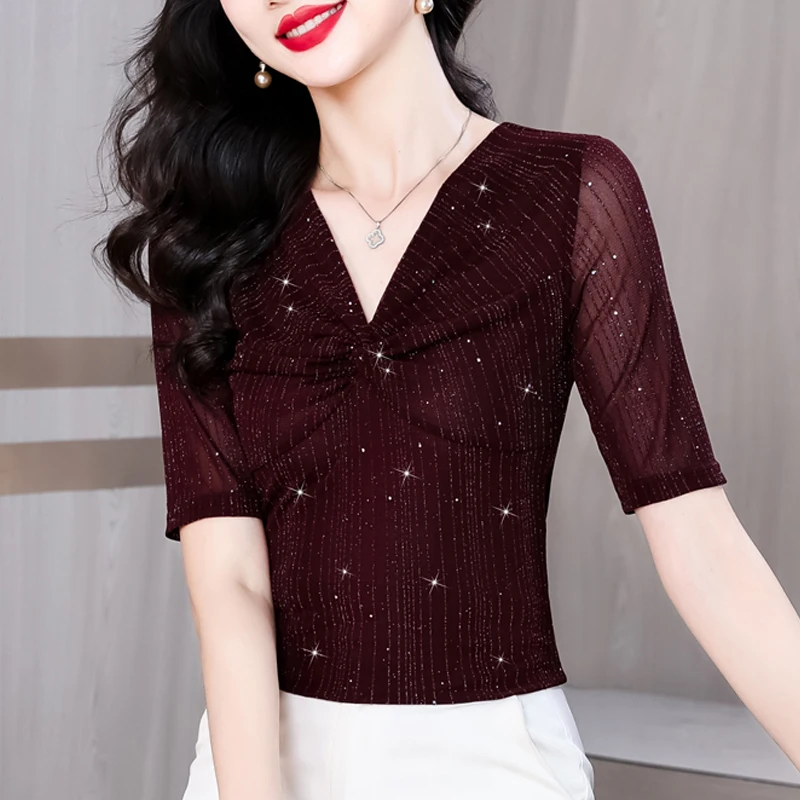 Korean Fashion Women T Shirt V-neck Shiny Pleated Mesh Tops Bright Silk Short Sleeve Casual Shirt
Korean Fashion Women T Shirt V-neck Shiny Pleated Mesh Tops Bright Silk Short Sleeve Casual Shirt