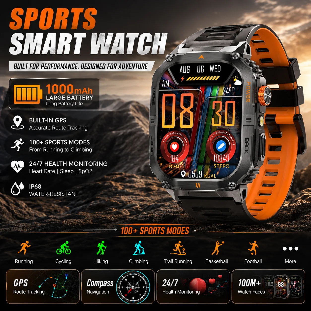 New 1000mAh Battery Military Outdoor Smart Watch 2.01-inch HD Screen LED Flashlight IP68 Waterproof Heart Rate Sleep Sport Watch
New 1000mAh Battery Military Outdoor Smart Watch 2.01-inch HD Screen LED Flashlight IP68 Waterproof Heart Rate Sleep Sport Watch