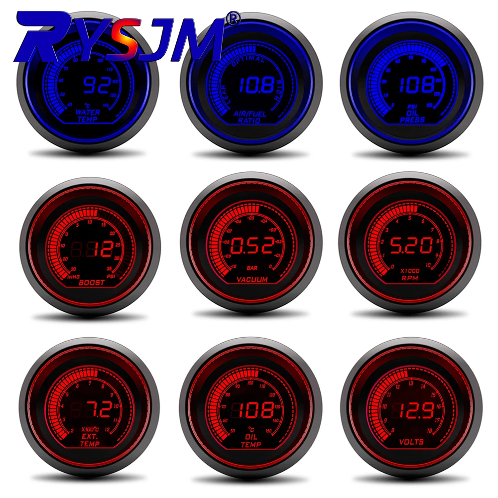 52mm Digital Display Red & Blue Car Racing Meter Turbo Boost Gauge PSI Water /Oil Temp Oil Pressure Gauge Voltmeter Tachometer
52mm Digital Display Red & Blue Car Racing Meter Turbo Boost Gauge PSI Water /Oil Temp Oil Pressure Gauge Voltmeter Tachometer