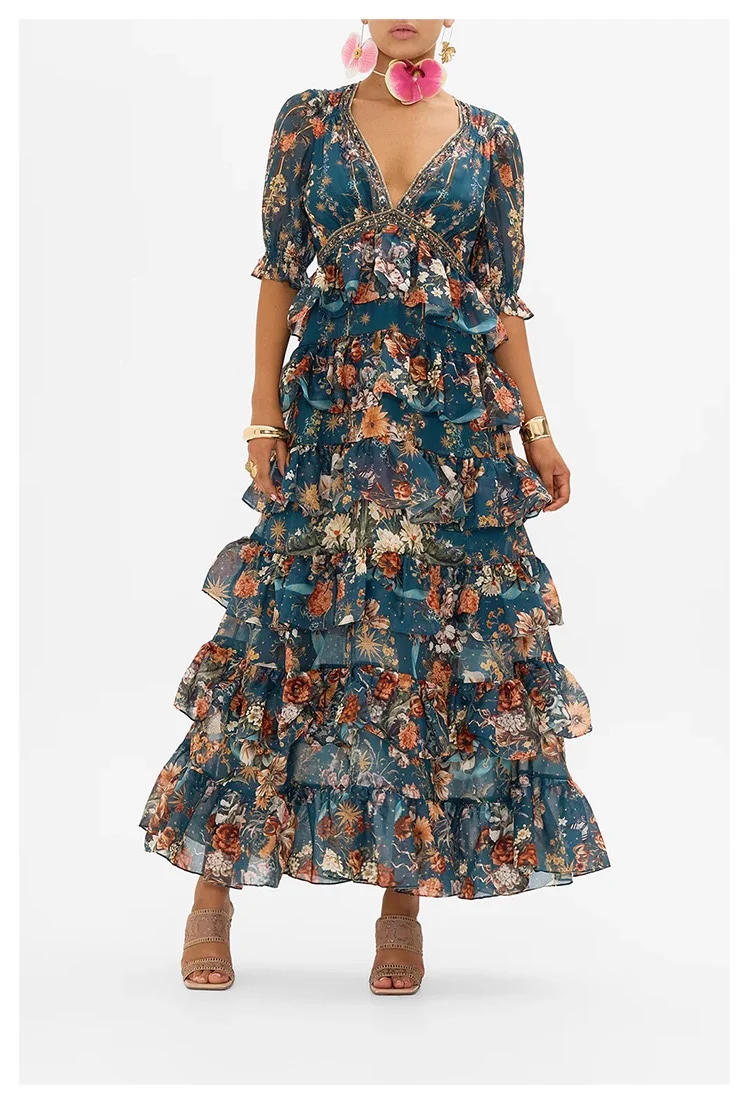 Women Silk Cotton Flower Print V-Neck Beaded Tierred Multi-layer Ruffles Cake Long Dress
Women Silk Cotton Flower Print V-Neck Beaded Tierred Multi-layer Ruffles Cake Long Dress