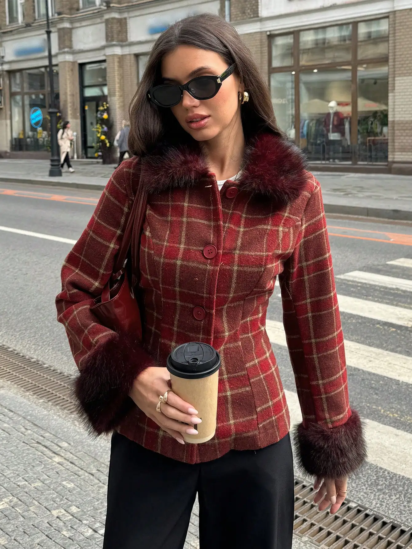 Women's Red Plaid Fitted Jacket with Faux Fur Trim, Winter Warm Coat
Women's Red Plaid Fitted Jacket with Faux Fur Trim, Winter Warm Coat
