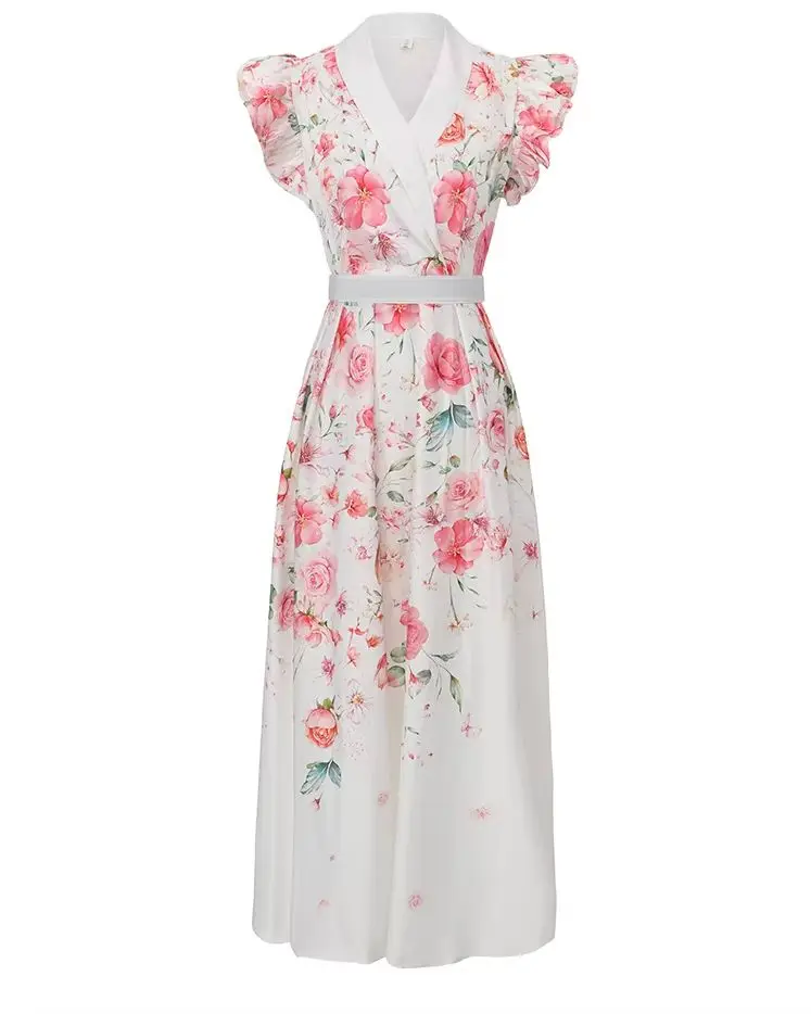 French Elegant Floral Print Tunic Dress V-Neck Ruffle Detail Flying Sleeve Waist-Cinching Belt Long Female Elegant Fashion
French Elegant Floral Print Tunic Dress V-Neck Ruffle Detail Flying Sleeve Waist-Cinching Belt Long Female Elegant Fashion