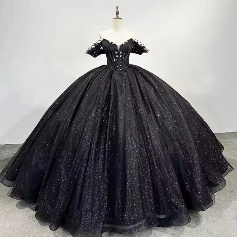 Black Shiny Quinceanera Dresses Off The Shoulder Beading Crystal Tull Corset Party Birthday Sweet 16 Dress Vestidos 15 De Anos
Black Shiny Quinceanera Dresses Off The Shoulder Beading Crystal Tull Corset Party Birthday Sweet 16 Dress Vestidos 15 De Anos