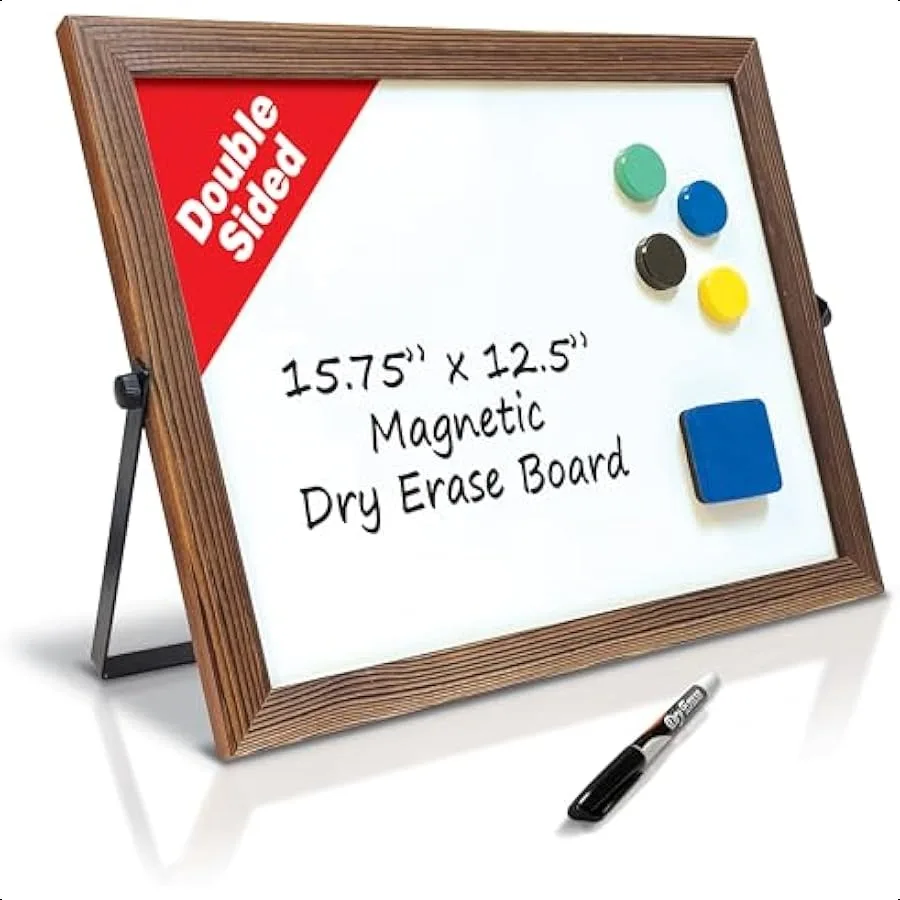 Wooden Framed Double Sided Magnetic Whiteboard with Folding Metal Stand 16" x 12.5" Rustic Brown Color Portable Desktop Dry Era
Wooden Framed Double Sided Magnetic Whiteboard with Folding Metal Stand 16" x 12.5" Rustic Brown Color Portable Desktop Dry Era