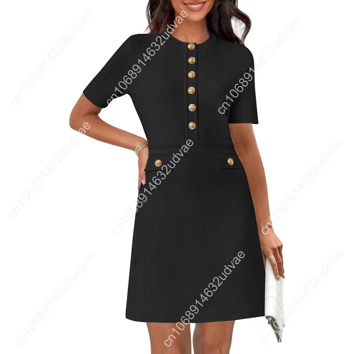Women's Knit Bodycon Sweater Dress Button Short Sleeve Crew Neck Elegant Formal Mini Dress 
Women's Knit Bodycon Sweater Dress Button Short Sleeve Crew Neck Elegant Formal Mini Dress