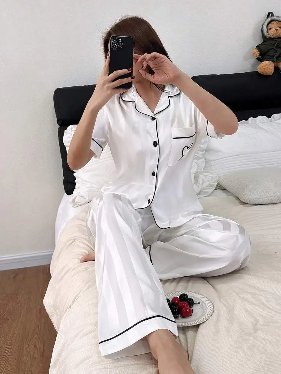 2-Piece Striped Satin Short Sleeve Pajama Set For Women - Spring Summer Loungewear
2-Piece Striped Satin Short Sleeve Pajama Set For Women - Spring Summer Loungewear