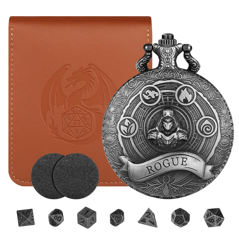Bronze Carved Rogue Pocket Watch Case Pendant Chain with 7Pcs Mini Metal Polyhedral Dice Set for RPG Tabletop Games Storage Bag
Bronze Carved Rogue Pocket Watch Case Pendant Chain with 7Pcs Mini Metal Polyhedral Dice Set for RPG Tabletop Games Storage Bag