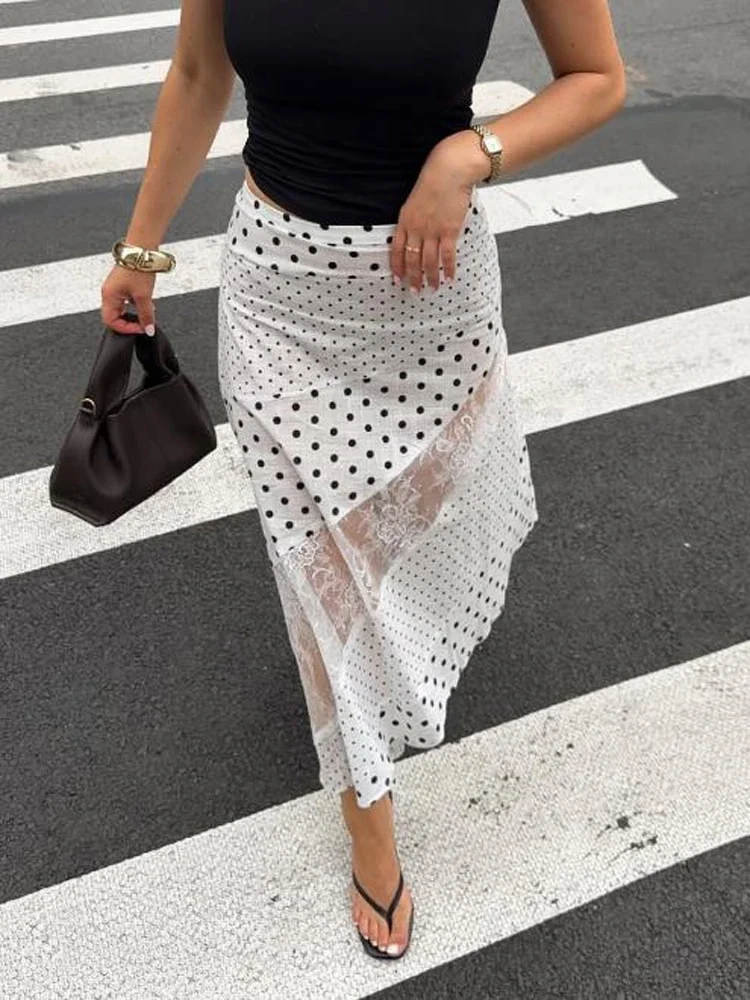 White Polka Dot Print Patchwork Hollow Out Lace Women's Skirt Mid Waist Asymmetrical Hem Midi Skirts Elegant Fashion Bottoms
White Polka Dot Print Patchwork Hollow Out Lace Women's Skirt Mid Waist Asymmetrical Hem Midi Skirts Elegant Fashion Bottoms