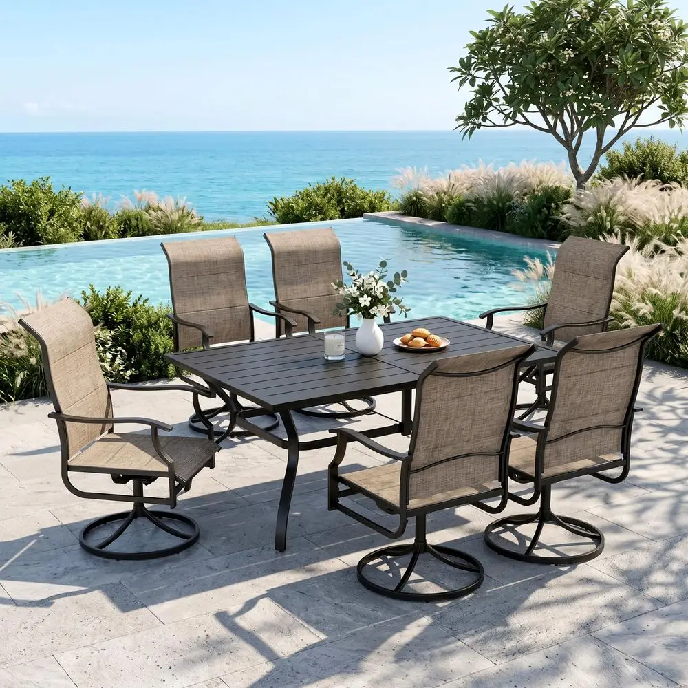 7 Pieces Patio Dining Set, Outdoor Table and Chairs, 6 x Textilene Swivel Dining Chairs and 60 Rectangle Black Table, for Cozy
7 Pieces Patio Dining Set, Outdoor Table and Chairs, 6 x Textilene Swivel Dining Chairs and 60 Rectangle Black Table, for Cozy