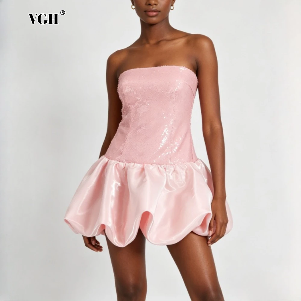 VGH Pink Loose Spliced Sequins Chic Dresses for Women Strapless Sleeveless Korean Elegant Dress Female Summer Fashion Style New
VGH Pink Loose Spliced Sequins Chic Dresses for Women Strapless Sleeveless Korean Elegant Dress Female Summer Fashion Style New