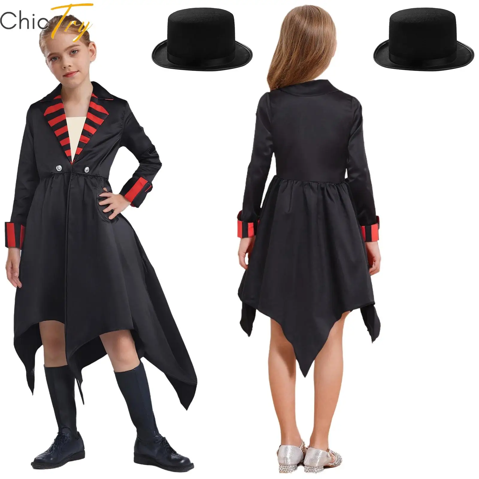 Kids Girls Halloween Gothic Vampire Costume Long Sleeves Irregular Hem Coat with Felt Top Hat Halloween Cosplay Party Dress Up
Kids Girls Halloween Gothic Vampire Costume Long Sleeves Irregular Hem Coat with Felt Top Hat Halloween Cosplay Party Dress Up