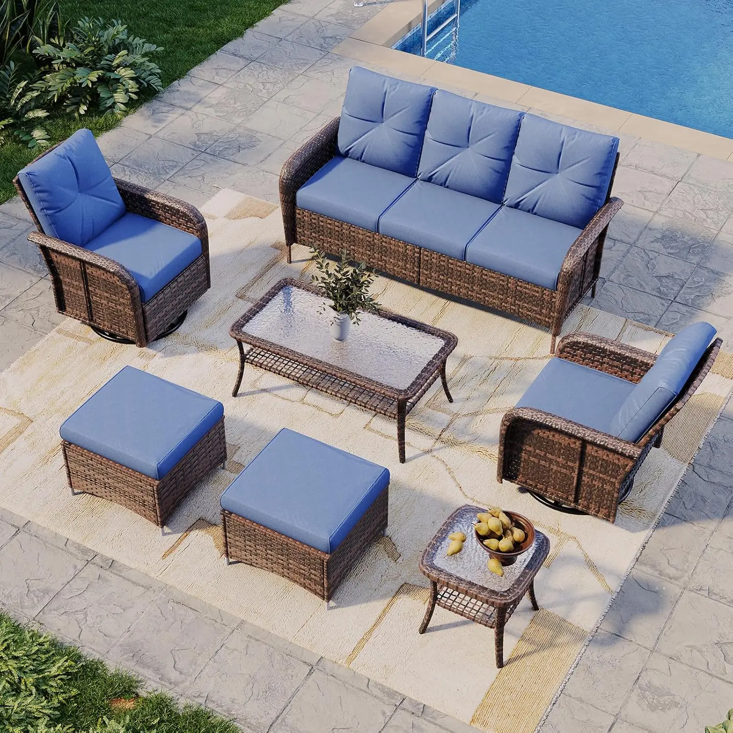 7-Piece Patio Furniture Set Thick Cushions Wicker Rattan Sectional Swivel Rocker Chairs Coffee Table Ottoman Outdoor Customized
7-Piece Patio Furniture Set Thick Cushions Wicker Rattan Sectional Swivel Rocker Chairs Coffee Table Ottoman Outdoor Customized