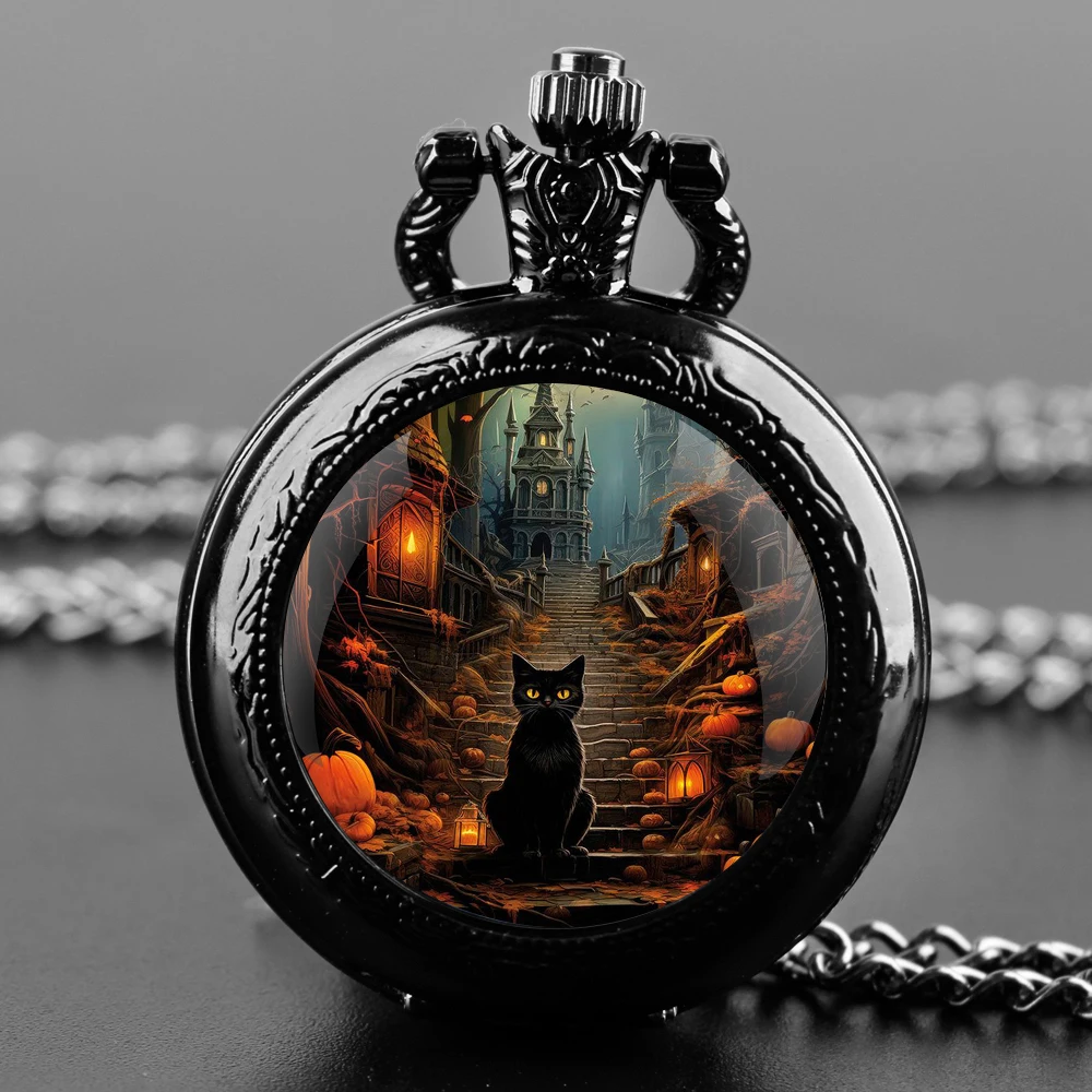 Halloween Cosplay Black Cat Glass Dome Quartz Pocket Watch With Durable Chain Arabic Numeral Dial Creative Gifts for Men Women
Halloween Cosplay Black Cat Glass Dome Quartz Pocket Watch With Durable Chain Arabic Numeral Dial Creative Gifts for Men Women