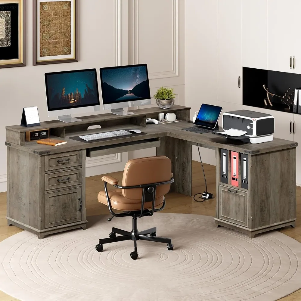 Farmhouse 69" Executive L Shaped Desk with Drawer, Home Office Desk with Charging Station, Corner Computer Desk with Monitor Sta
Farmhouse 69" Executive L Shaped Desk with Drawer, Home Office Desk with Charging Station, Corner Computer Desk with Monitor Sta