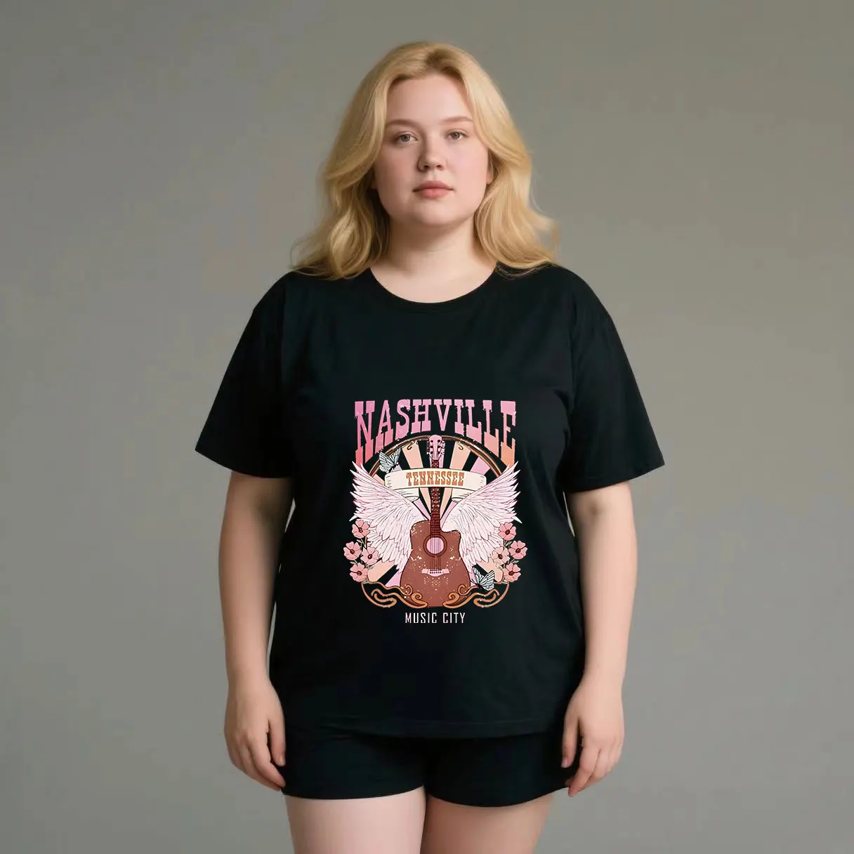 English+Cartoon Guitar Wings Pattern Print plus size Ladies' casual short sleeved T-shirt black
English+Cartoon Guitar Wings Pattern Print plus size Ladies' casual short sleeved T-shirt black