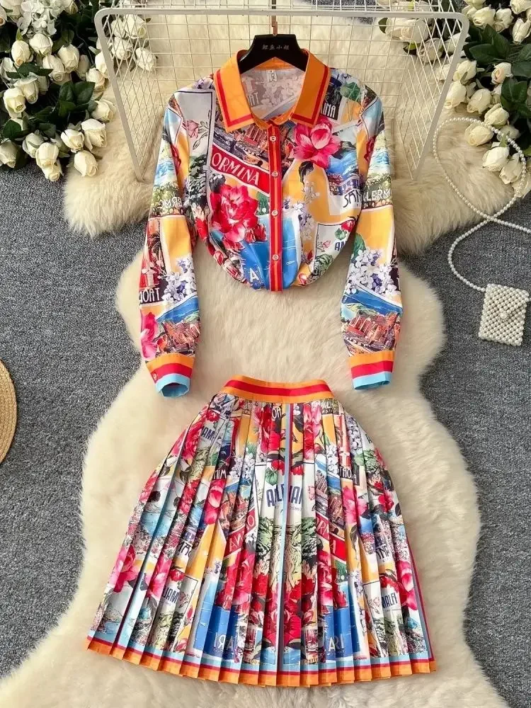 2025 Spring Summer Women's Long Sleeve Lapel Gorgeous Flower Print Shirt Top + High Waist Zipper Pleated Mini Skirts 2 Piece Set
2025 Spring Summer Women's Long Sleeve Lapel Gorgeous Flower Print Shirt Top + High Waist Zipper Pleated Mini Skirts 2 Piece Set