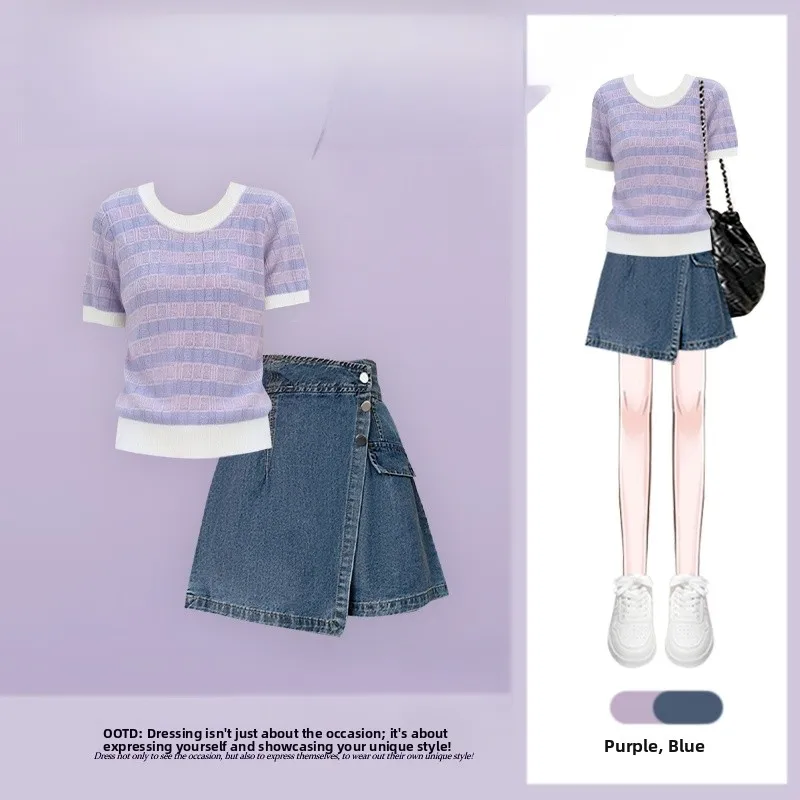Summer Plaid Short Sleeve T-Shirt Top Slimming Denim Skirt Two-Piece Set Color Collision Lightweight Maturity Style round Neck
Summer Plaid Short Sleeve T-Shirt Top Slimming Denim Skirt Two-Piece Set Color Collision Lightweight Maturity Style round Neck