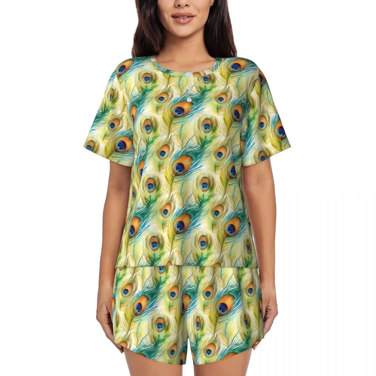 Акварельные пижамы с павлиньими перьями для спальни, одежда для сна с круглым вырезом, женские комплекты из 2 предметов на заказ, милые пижамные комплекты с короткими рукавами
Акварельные пижамы с павлиньими перьями для спальни, одежда для сна с круглым вырезом, женские комплекты из 2 предметов на заказ, милые пижамные комплекты с короткими рукавами
