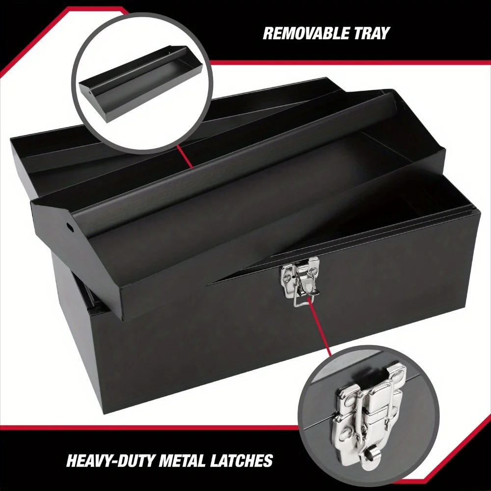 16-inch black metal tool box with removable tool tray for durable and convenient storage space for professional craftsmen
16-inch black metal tool box with removable tool tray for durable and convenient storage space for professional craftsmen