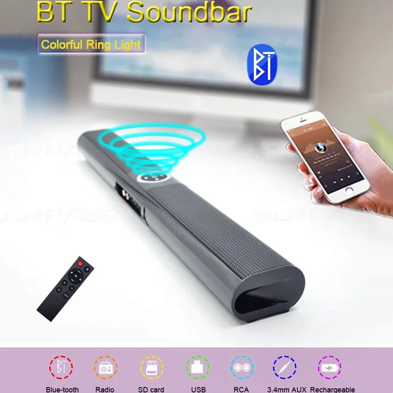 Hi-Fi система объемного звучания для домашнего кинотеатра BTБеспроводная портативная колонка, аудиоинтерфейс RCA со светодиодной цветной подсветкой Звуковая панель Mini FM
Hi-Fi система объемного звучания для домашнего кинотеатра BTБеспроводная портативная колонка, аудиоинтерфейс RCA со светодиодной цветной подсветкой Звуковая панель Mini FM