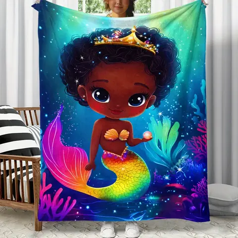 Bonito africano americano sereia princesa arco-íris cauda flanela cobertor fantasia cena subaquática cama das crianças macio lance cobertor