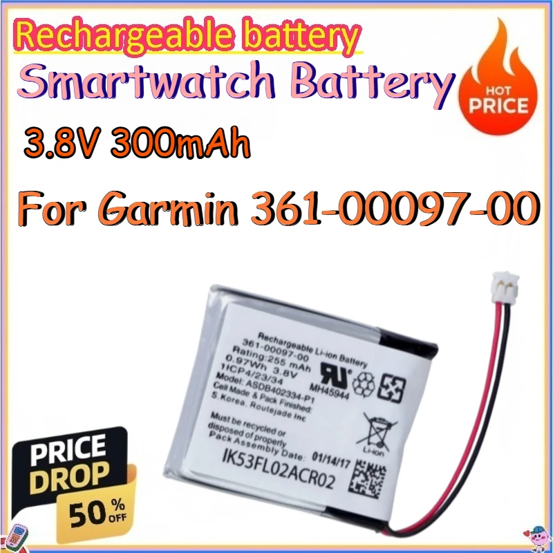 3.8V 300mAh Smartwatch Battery for Garmin 361-00097-00 Replace Rechargeable Lithium-ion Battery
3.8V 300mAh Smartwatch Battery for Garmin 361-00097-00 Replace Rechargeable Lithium-ion Battery