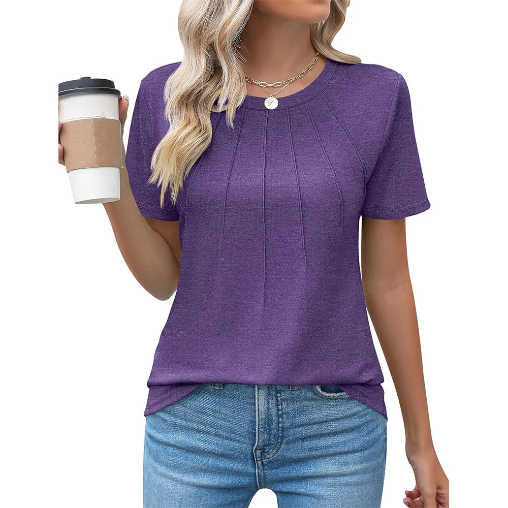 2024 Women's Fashion Basic Pleated Round Neck Short Sleeve T-Shirt Y2k Comfortable Summer Slim Fit Women's Top 
2024 Women's Fashion Basic Pleated Round Neck Short Sleeve T-Shirt Y2k Comfortable Summer Slim Fit Women's Top