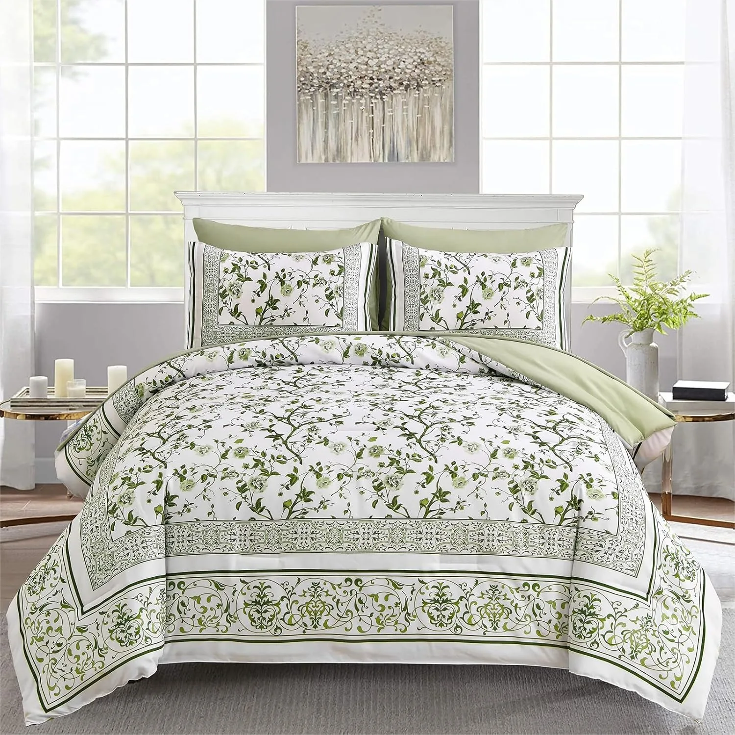 Queen Comforter Set 7 Piece Bed in a Bag, Sage Green Floral Botanical Bedding with Sheets for All Season
Queen Comforter Set 7 Piece Bed in a Bag, Sage Green Floral Botanical Bedding with Sheets for All Season