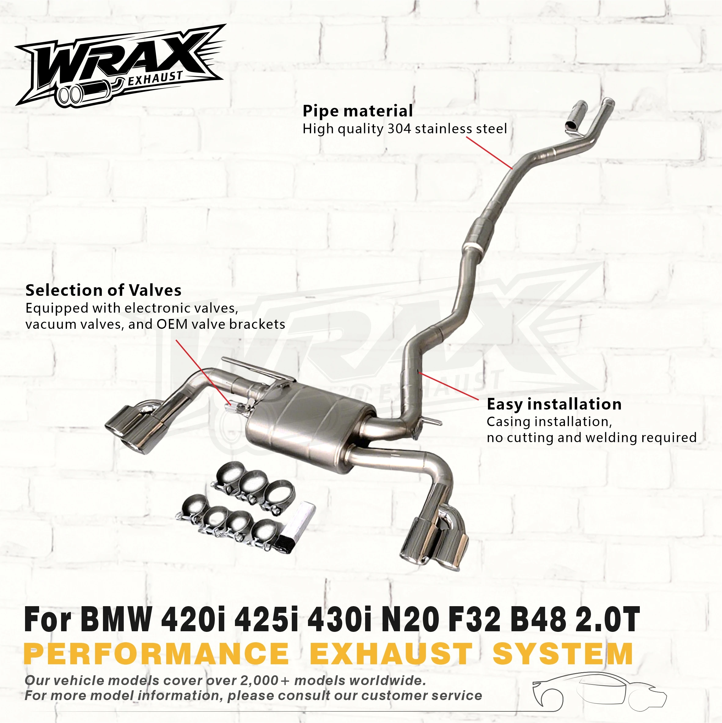 Sport Exhaust for BMW 420i 425i 430i N20 F32 B48 2.0T SS304 Valved Catback OE-Matched Molding Precise Fitment Easy Installation
Sport Exhaust for BMW 420i 425i 430i N20 F32 B48 2.0T SS304 Valved Catback OE-Matched Molding Precise Fitment Easy Installation