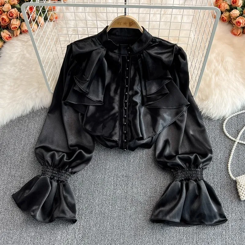 Satin Shirt Fashion Retro Flared Sleeve Stand Up Collar Chiffon Blouse Elegant Office Single Breasted Loose Tops Women
Satin Shirt Fashion Retro Flared Sleeve Stand Up Collar Chiffon Blouse Elegant Office Single Breasted Loose Tops Women