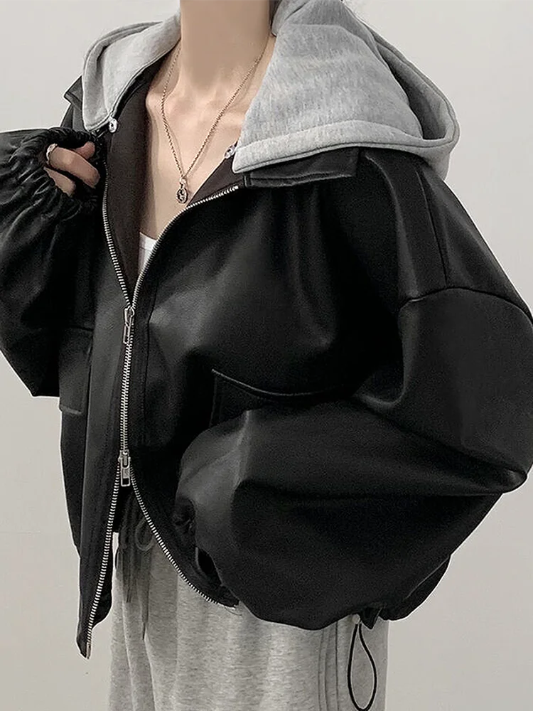 Chic Autumn Winter Vintage Leather Jaet Women's Loose Fit Zipper Large ket Casual Versatile ort Hooded Coat Sli
Chic Autumn Winter Vintage Leather Jaet Women's Loose Fit Zipper Large ket Casual Versatile ort Hooded Coat Sli