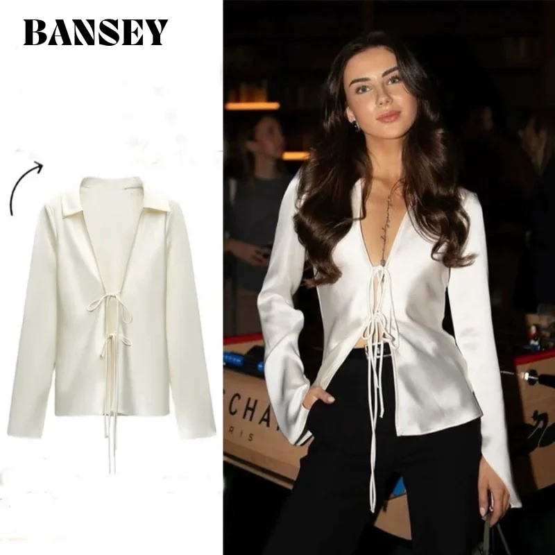 Sexy Bow Tie Satin White Blouses Women V Neck Long Sleeve Slim Shirts Women Y2k 2025 Streetwear Spring Girl Tops
Sexy Bow Tie Satin White Blouses Women V Neck Long Sleeve Slim Shirts Women Y2k 2025 Streetwear Spring Girl Tops