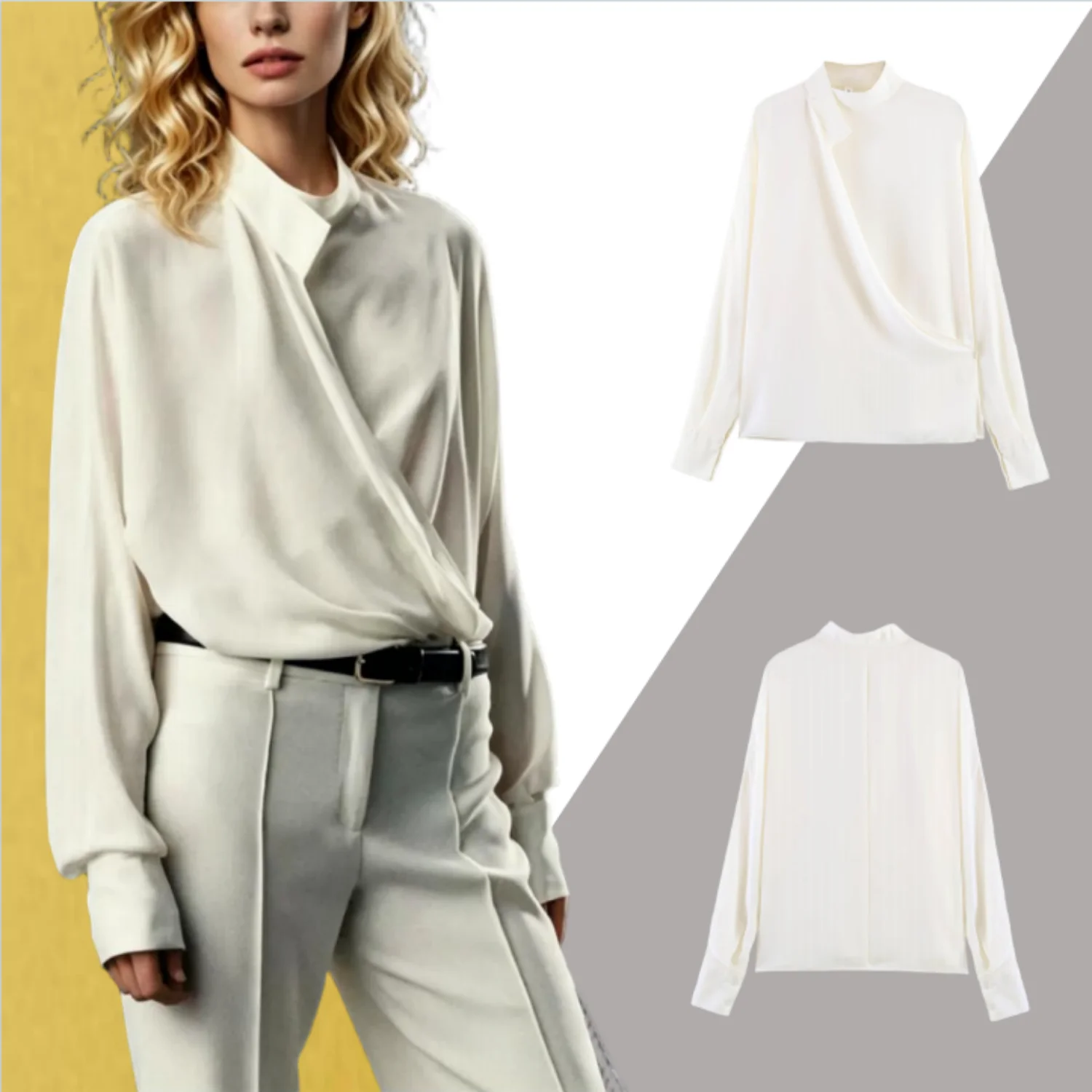 Draped Double-button Shirt, Long Sleeve, Asymmetrical, White, Spring/Summer New Women's Clothing, Commuting, French Elegance
Draped Double-button Shirt, Long Sleeve, Asymmetrical, White, Spring/Summer New Women's Clothing, Commuting, French Elegance