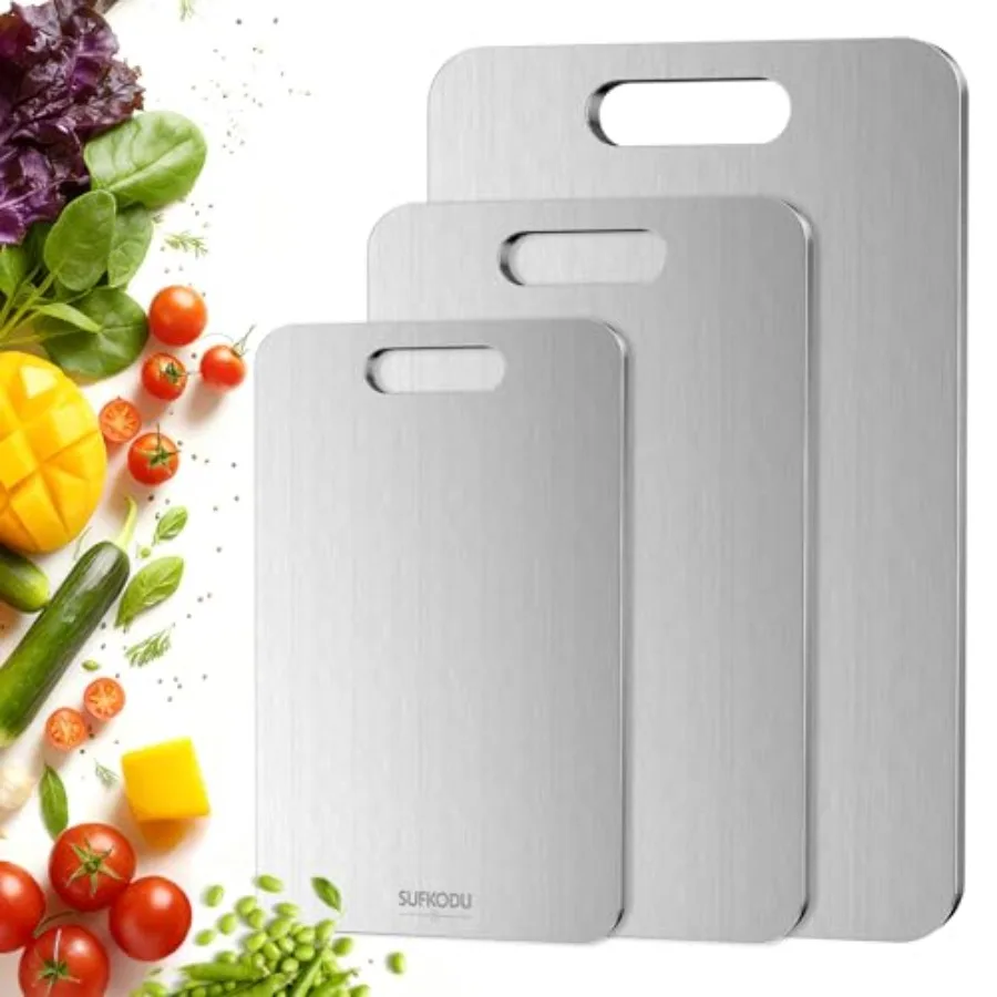 Набор из 3 титановых разделочных досок для кухни, 100% титановые, двусторонние, черные, с разделением на зоны для сырых и готовых продуктов
Набор из 3 титановых разделочных досок для кухни, 100% титановые, двусторонние, черные, с разделением на зоны для сырых и готовых продуктов