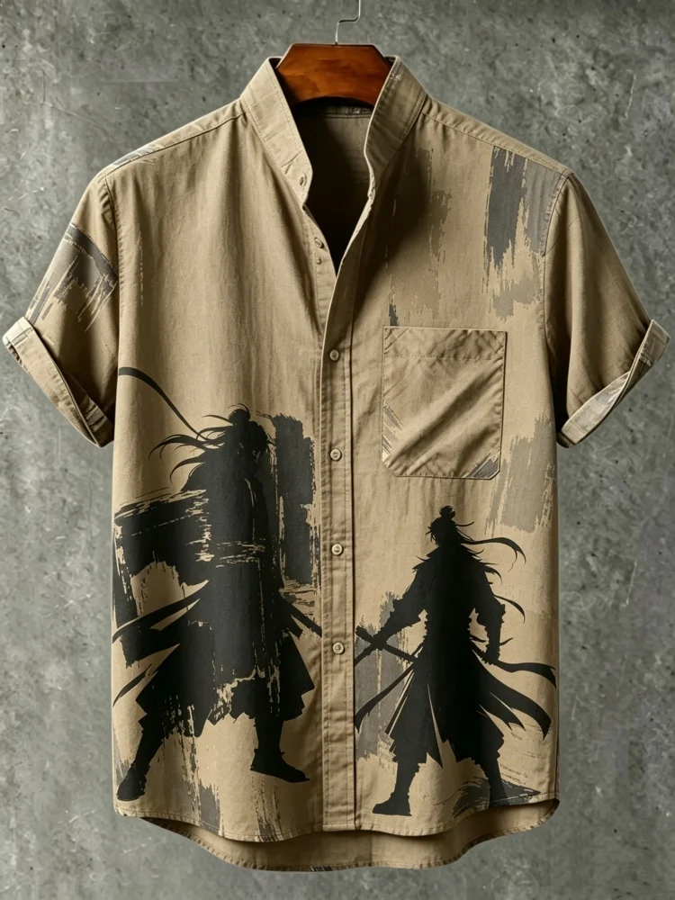 Men's Samurai Warrior Print Stand Collar Short Sleeve Shirt with Chest Pocket, Loose Comfort Casual Summer Top
Men's Samurai Warrior Print Stand Collar Short Sleeve Shirt with Chest Pocket, Loose Comfort Casual Summer Top