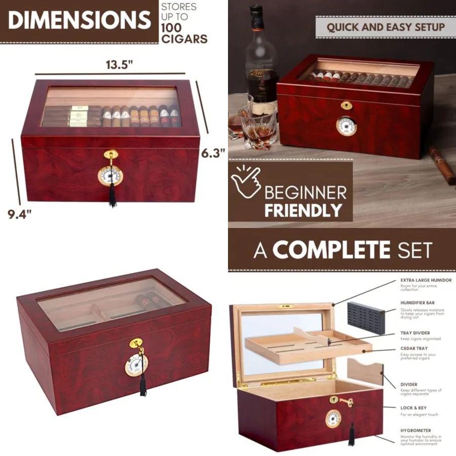 Mantello Cigars Large Glass-top Cigar Humidor Humidifier Box for Up to 100 Cigars with Hygrometer and Removable Cedar Tray
Mantello Cigars Large Glass-top Cigar Humidor Humidifier Box for Up to 100 Cigars with Hygrometer and Removable Cedar Tray
