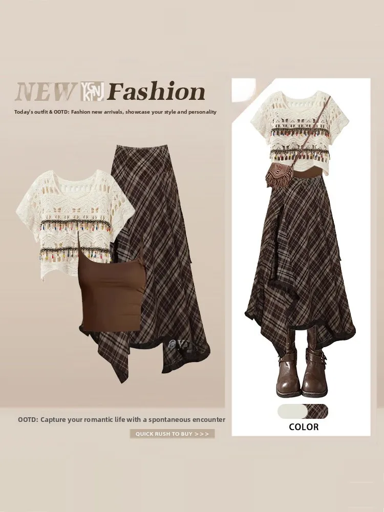 Summer Bohemian Hollow out Vest High Waist Plaid Skirt Set Women's Travel Clothing Fashionable Three-Piece Suit
Summer Bohemian Hollow out Vest High Waist Plaid Skirt Set Women's Travel Clothing Fashionable Three-Piece Suit