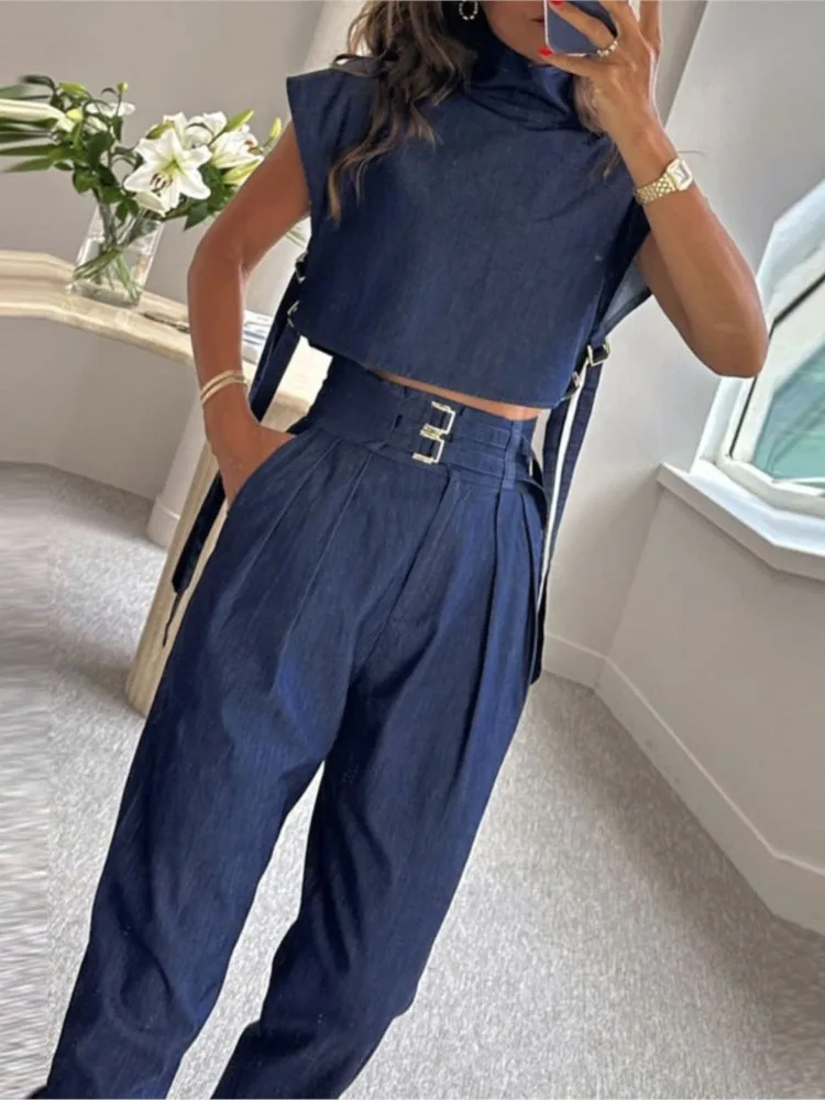 Women Pants Sets Pullover Tops Short Turtleneck Solid Two Pieces Wide Leg Pants Sashes Ankle Length Loose Fit Pocket Outfit 2025
Women Pants Sets Pullover Tops Short Turtleneck Solid Two Pieces Wide Leg Pants Sashes Ankle Length Loose Fit Pocket Outfit 2025