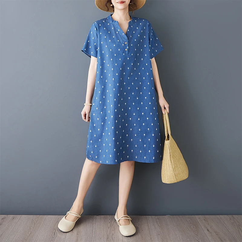 Summer New Collar Floral Print Short Sleeve Denim Dress Skin-friendly Slimming Knee-length A-line Dress for Women
Summer New Collar Floral Print Short Sleeve Denim Dress Skin-friendly Slimming Knee-length A-line Dress for Women