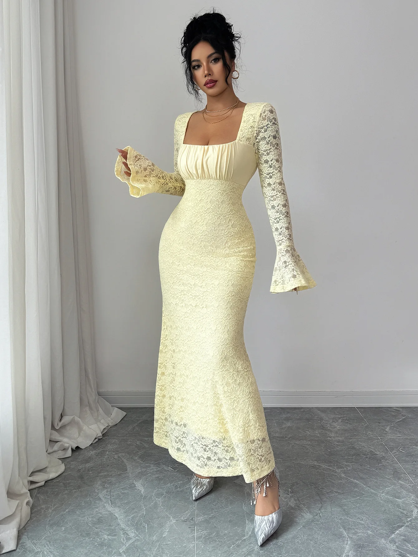 Women's Dress Best Seller Yellow Lace Square Neck Flare Long Sleeve Bodycon Mermaid Maxi Dress Evening Party Wedding Guest Dress
Women's Dress Best Seller Yellow Lace Square Neck Flare Long Sleeve Bodycon Mermaid Maxi Dress Evening Party Wedding Guest Dress