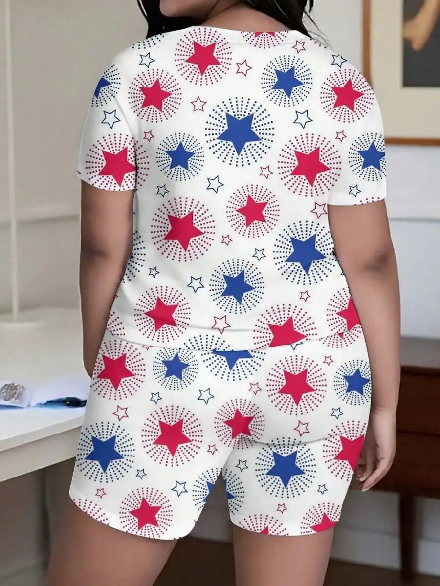Casual Plus Size Womens Short Sleeve T-Shirt And Shorts Set Red Blue Star Pattern Patriotic Festival Outfit
Casual Plus Size Womens Short Sleeve T-Shirt And Shorts Set Red Blue Star Pattern Patriotic Festival Outfit