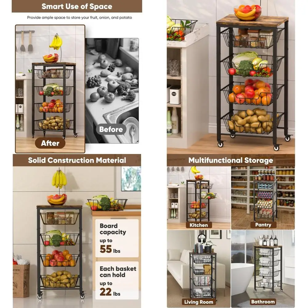 5-ярусная передвижная кухонная тележка для фруктов с выдвижными ящиками, деревянной столешницей и держателем для бананов - черная
5-ярусная передвижная кухонная тележка для фруктов с выдвижными ящиками, деревянной столешницей и держателем для бананов - черная